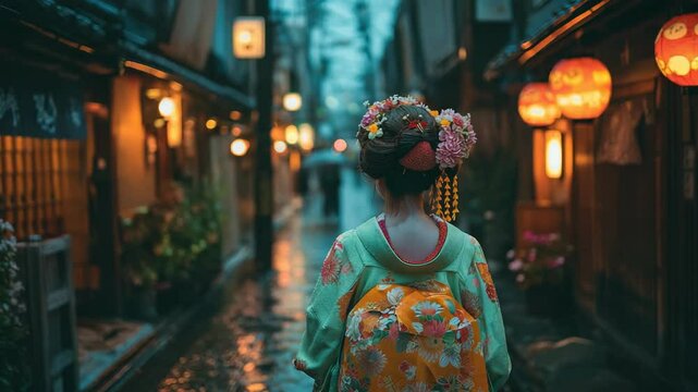 雨に濡れた石畳をゆっくりと歩く舞妓の後ろ姿（スローモーション）