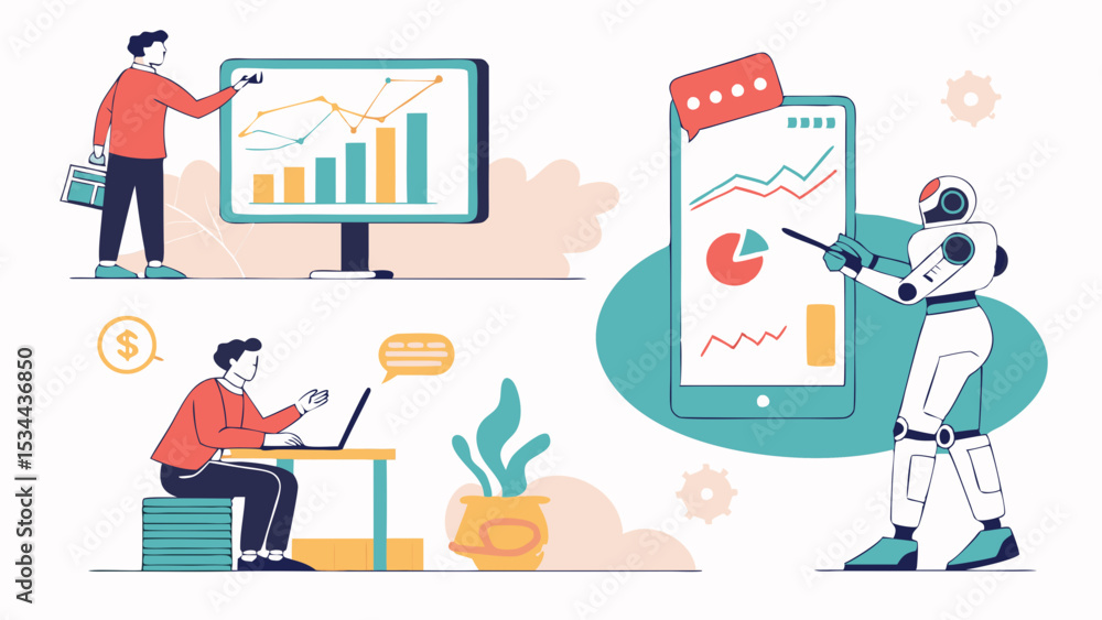 Poster future digital business data analysis presentation with ai robot technology charts graphs people
