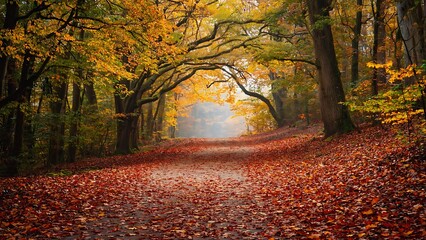 Fototapeta premium Autumn scene with a path covered in fallen leaves, leading through a forest with colorful foliage.
