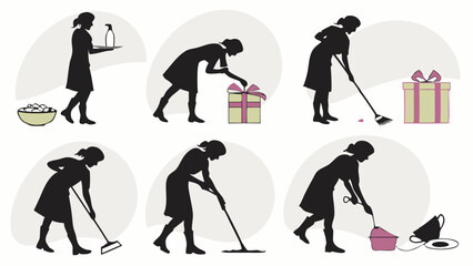 Obraz premium Silhouette woman cleaning various household chores sweeping mopping vacuuming daily routine home domestic work set