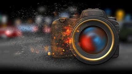 A professional digital camera with a blurred city street background at night