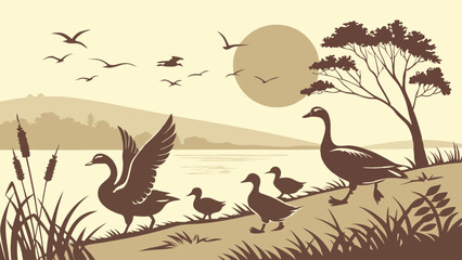 Sepia Vintage Silhouette Geese Family Goslings Walking by Lake Reeds Tree Sunset Birds