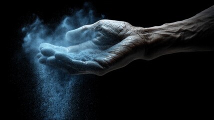 Hand releasing a cloud of blue powder against a dark background with high contrast