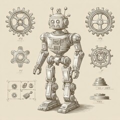 Vintage engraving sketch of retro robot with mechanical gears and technical parts on beige background