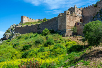 Ancient Akrokorinthos fortress on green hillside