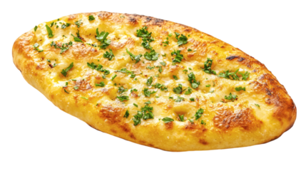 Freshly baked garlic naan bread with visible char marks and sprinkled cilantro isolated on white background 