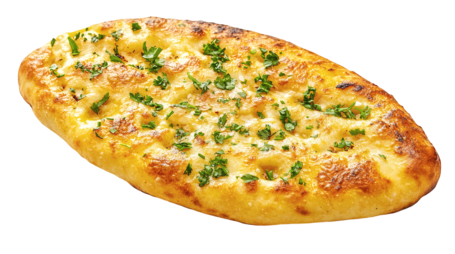 Freshly baked garlic naan bread with visible char marks and sprinkled cilantro isolated on white background 