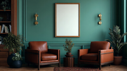 Obraz premium a blank frame on the wall, with green walls, brown leather armchairs, gold sconces, and plants It is a picture taken 
