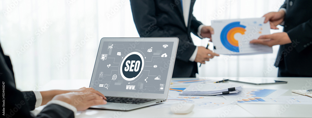 Poster seo search engine optimization for brisk e-commerce and online retail business showing on computer s