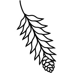 Naklejka premium Black Line Art Fir Tree Branch with Cone on White Background