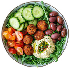 Healthy falafel salad bowl isolated on transparent background