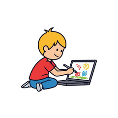 Fototapeta premium Child drawing on laptop – creative learning.
