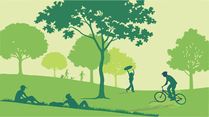 Relaxing Day in Green Park Silhouetted People Cycling Lounging Playing Frisbee Walking Dogs Illustration
