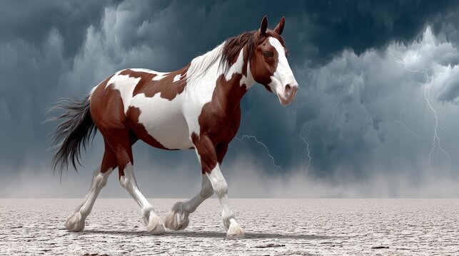 A brown and white pinto horse walking on a stormy, cloudy landscape with lightning in the background