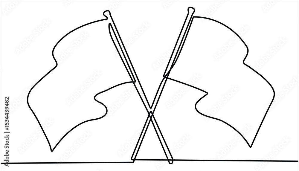 Poster crossed flags single continuous line art drawing. continuous one line art billowing flag icon. outli
