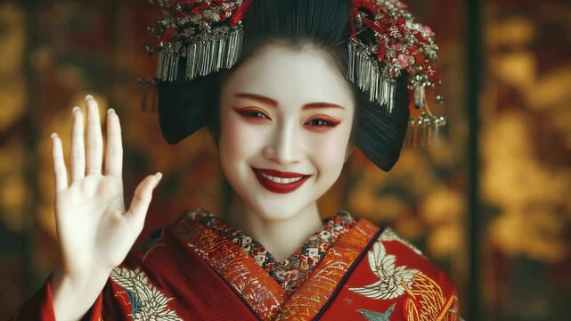 金屏風の前で、笑顔で挨拶するように手を挙げる美しい舞妓