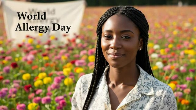 African american woman with handkerchief in flower field, bloom allergy, allergy and asthma awareness and protection concept, world allergy day - Powered by Adobe
