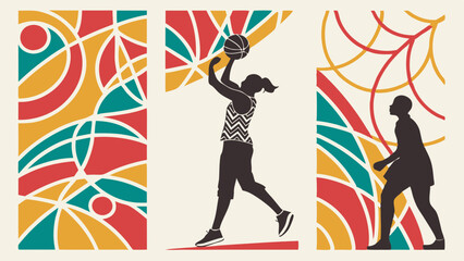 Abstract Graphic Art of Netball Players Shooting and Defending with Colorful Stained Glass Style Panels