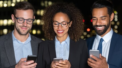 Three diverse professionals in formal attire using smartphones at night in an urban setting