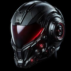 Hyper-Realistic Futuristic Cyber Helmet with Red Visor and Carbon Fiber Texture