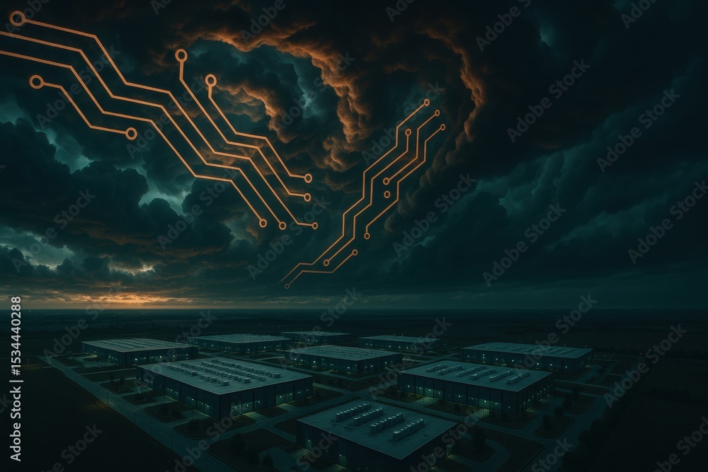 Poster futuristic industrial landscape with circuit patterns in the sky