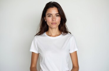 Obraz premium Portrait of young woman dressed in white t-shirt against white background. Brunette female with long dark hair, calm expression. Direct gaze, casual attire. Studio shot, beauty concept.