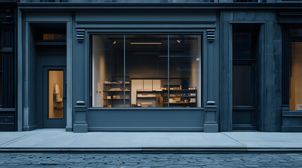 Empty storefront with large display window and gray exterior facing cobblestone street