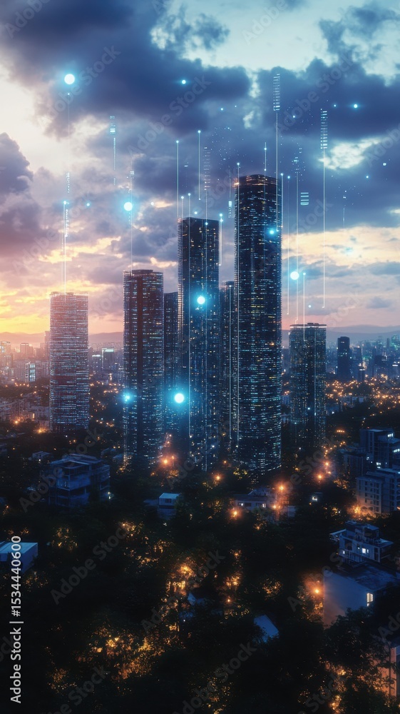 Poster futuristic cityscape with data streams and glowing orbs at dusk or dawn