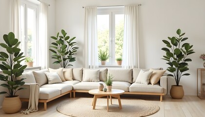 Fototapeta premium Spacious Living Room with a Neutral Sectional Sofa, Round Jute Rug, Many Potted Plants, and Large Bright Windows