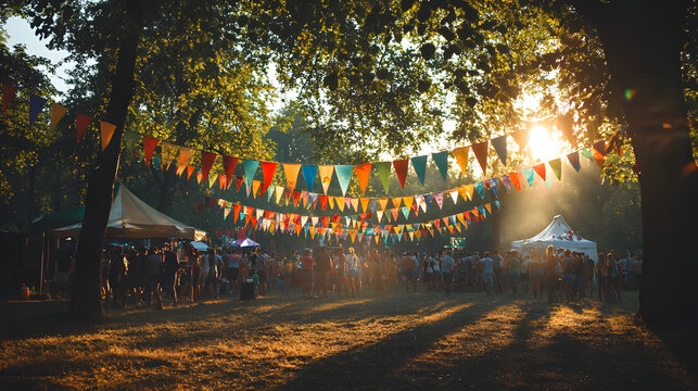 Sunlit outdoor festival with colorful triangular flags and trees