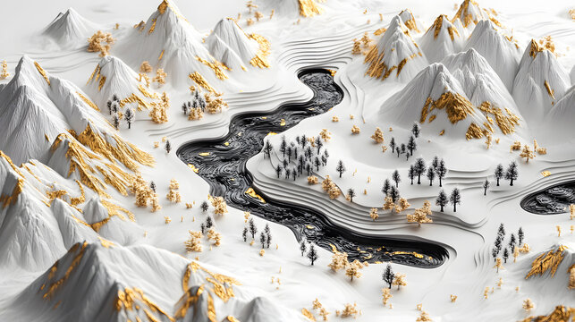 Stylized Winter Landscape with Snowy Mountains, Golden Accents, and Winding River