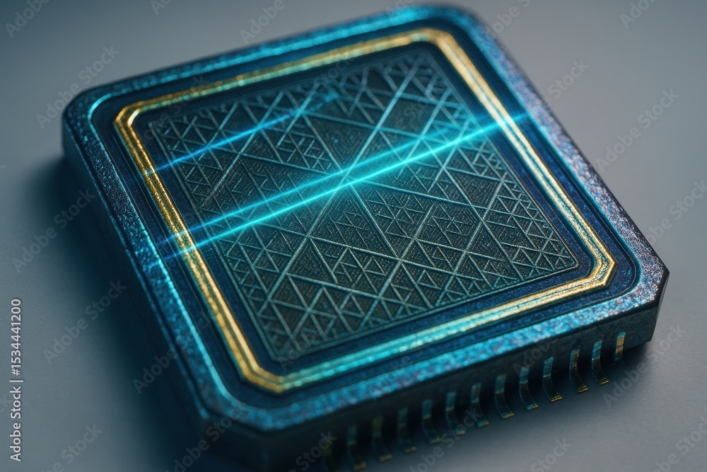 Poster Futuristic Microchip with Geometric Patterns and Glowing Lines