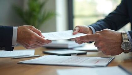 Close-up hands exchange documents across desk in professional setting. Partnership transfer information business deal. Corporate workplace transaction, teamwork, communication and negotiation.