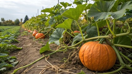 Obraz premium Fresh pumpkins in natural field with green vine leaves
