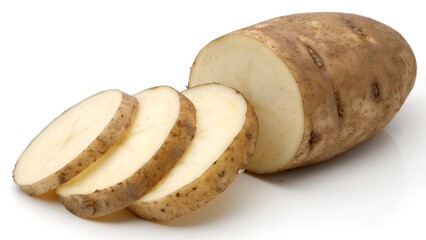 Fresh russet potato cut in half white background
