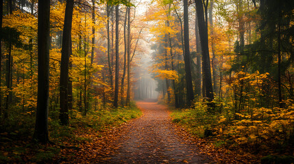 Obraz premium A serene forest path lined with tall trees, their leaves in vibrant autumn hues of orange and yellow, bathed in soft morning light.