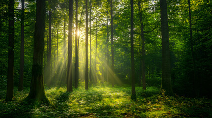 Sunlight filtering through dense forest, illuminating the lush green undergrowth and tall trees.