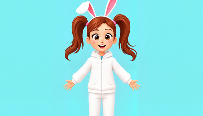 Happy girl in bunny costume with pigtails on blue background  