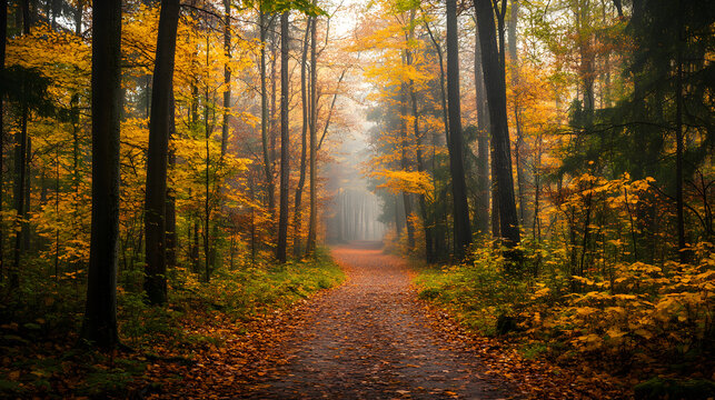 A serene forest path lined with tall trees, their leaves in vibrant autumn hues of orange and yellow, bathed in soft morning light. - Powered by Adobe