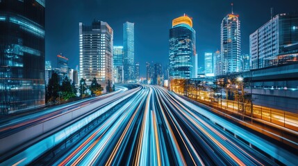 Obraz premium Stunning Night Cityscape with Traffic Lights and Skyscrapers Illuminating Modern Urban Skyline