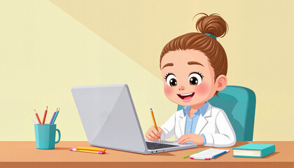 Young girl smiling while working on laptop at a desk with supplies  