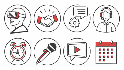Simple Red Black Line Art Icons Set for Business Communication Technology Virtual Events Planning