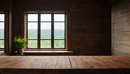 Empty unfurnished modern interior with a large potted plant , a set of lounge yellow chairs and a coffee table in front of large corner windows with garden view and balcony, 