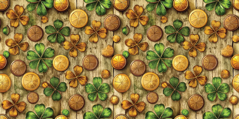 Colorful foliage and coins create a festive pattern, perfect for celebrations.