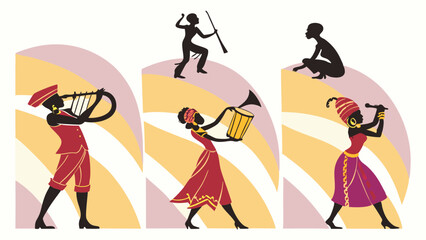 Colorful African Culture and Music Performance Art Featuring Silhouetted Musicians and Dancers