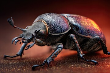 Naklejka premium Professional macro shot of a stag beetle, warm spotlight, detailed textures