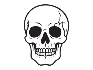Obraz premium Black outline of human skull with crack isolated on white background, graphic illustration. concept of anatomy, skull art, halloween theme, design element, death symbol