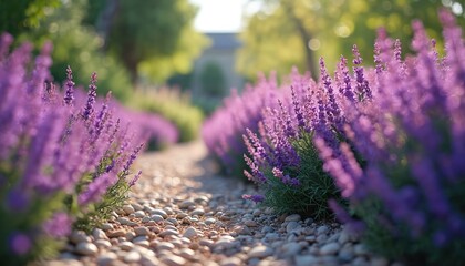 Obraz premium Illustration of purple heathers growing in garden setting with stone path. Drought tolerant plants. Decorative outdoor landscaping. Eco friendly gardening, sustainable design, flowers, plants,