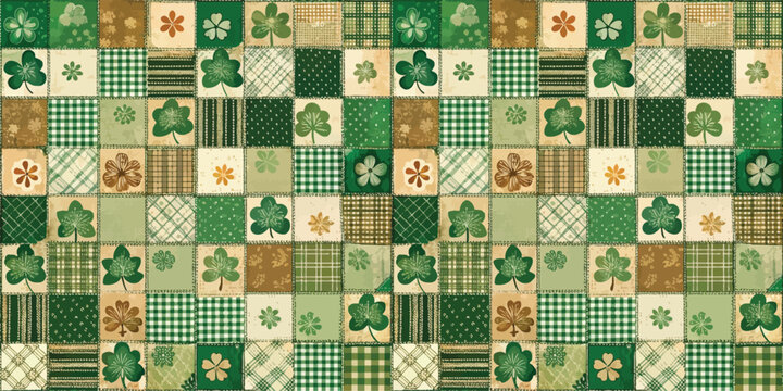 Colorful patchwork design featuring green and brown patterns with shamrocks.