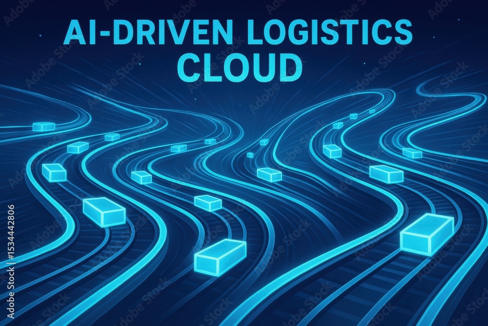 Poster Visual Representation of AI-Driven Logistics Cloud with Dynamic Transportation Paths and Cargo Boxes